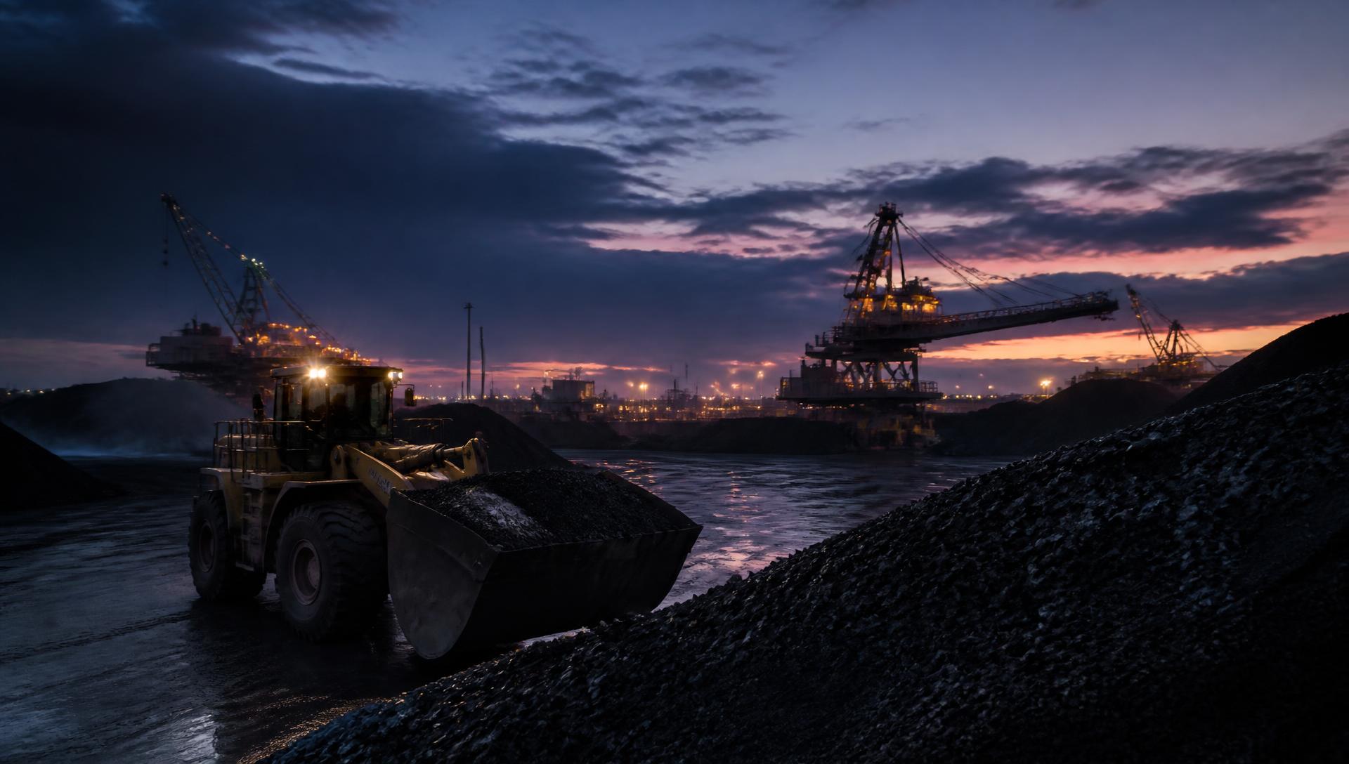 Coal stockyard with heavy loader at dusk