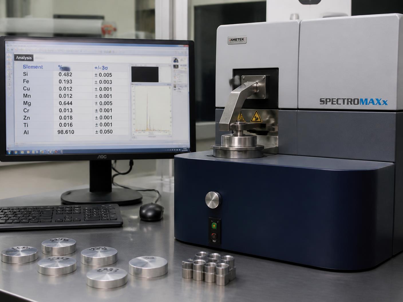 Spectrometer workstation with aluminium test discs and element analysis readout