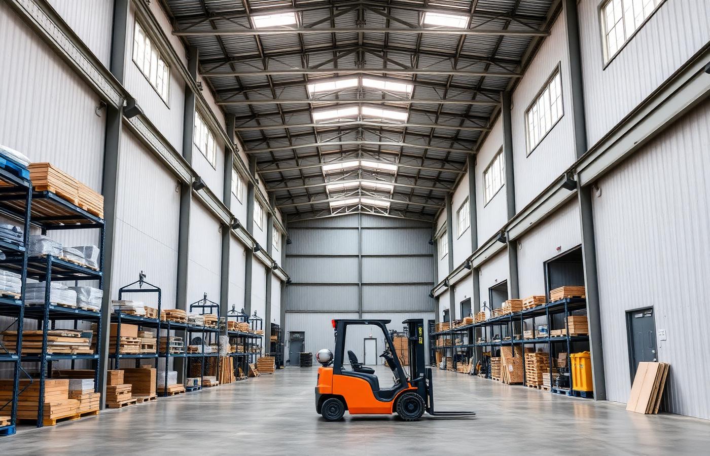 Covered warehouse with segregated material storage bays